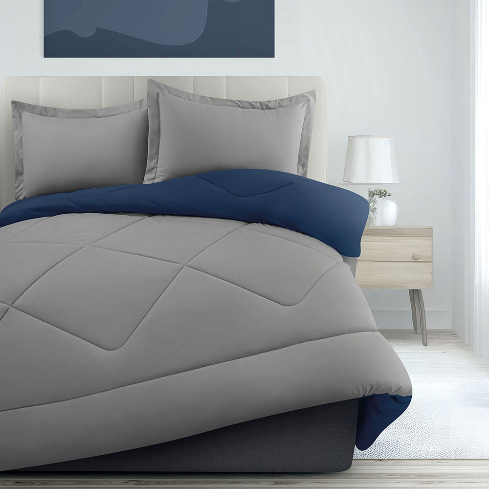 Edredon Y Fundas Decorativas Okai Gris Claro/Marino Matrimonial 100% Poliester